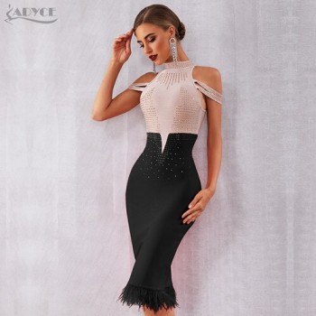Adyce 2020 New Summer Bandage Dress Women Elegant Red Off Shoulder Sexy Feather Bodycon Club Beading Dress Celebrity Party Dress